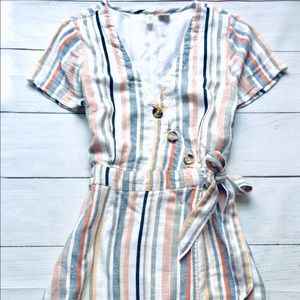 Sky&Sparrow White/Beige/Gray Striped Wrap Dress S